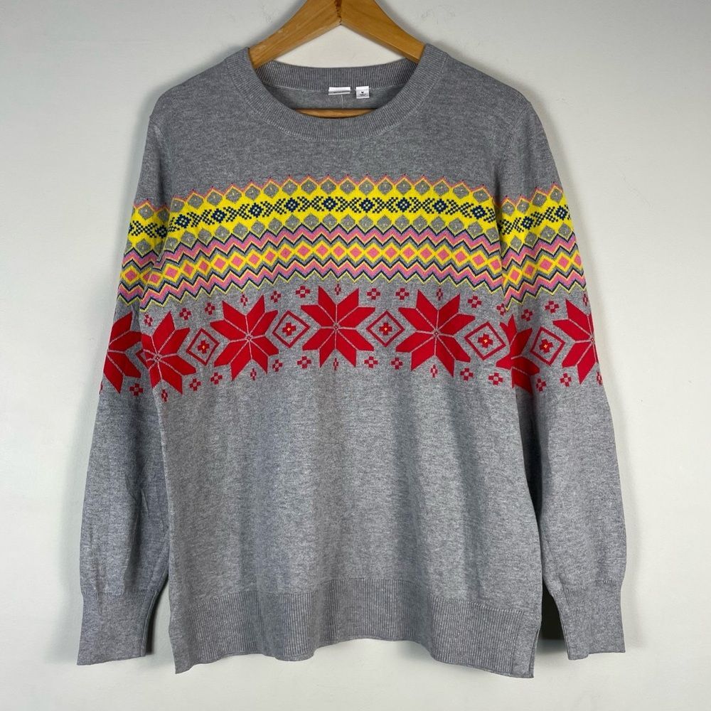 GAP Fair Isle Snowflake Gray Crewneck Sweater Sz Medium NEW Cotton Lightweight